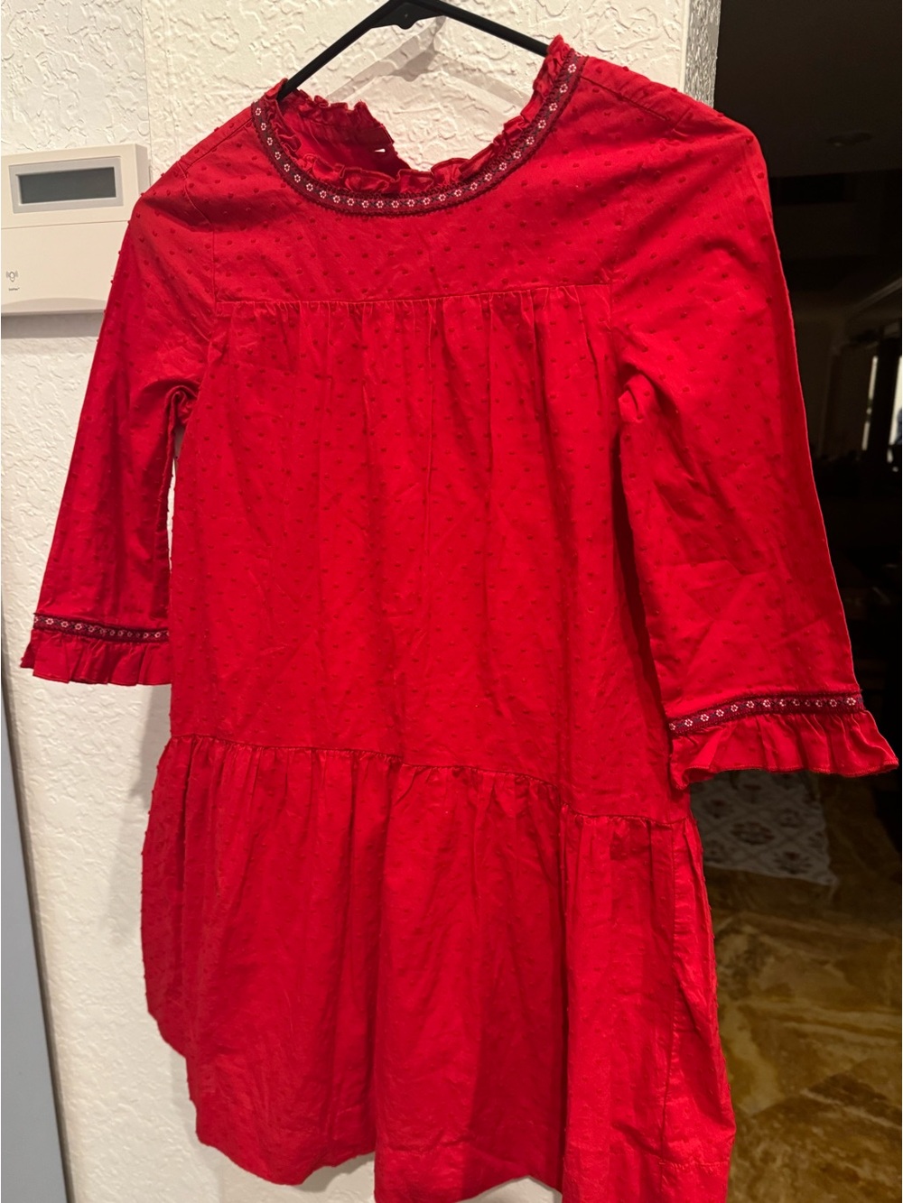 Hanna Andersson Dress Girl's 10 cm Red ¾ Sleeve Swiss Dots Floral Trim Cotton